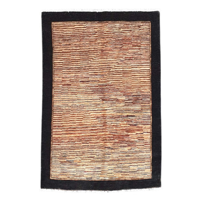 Full view of Afghan Gabbeh wool rug with fine multicolour lines and black border, 153 x 98 cm