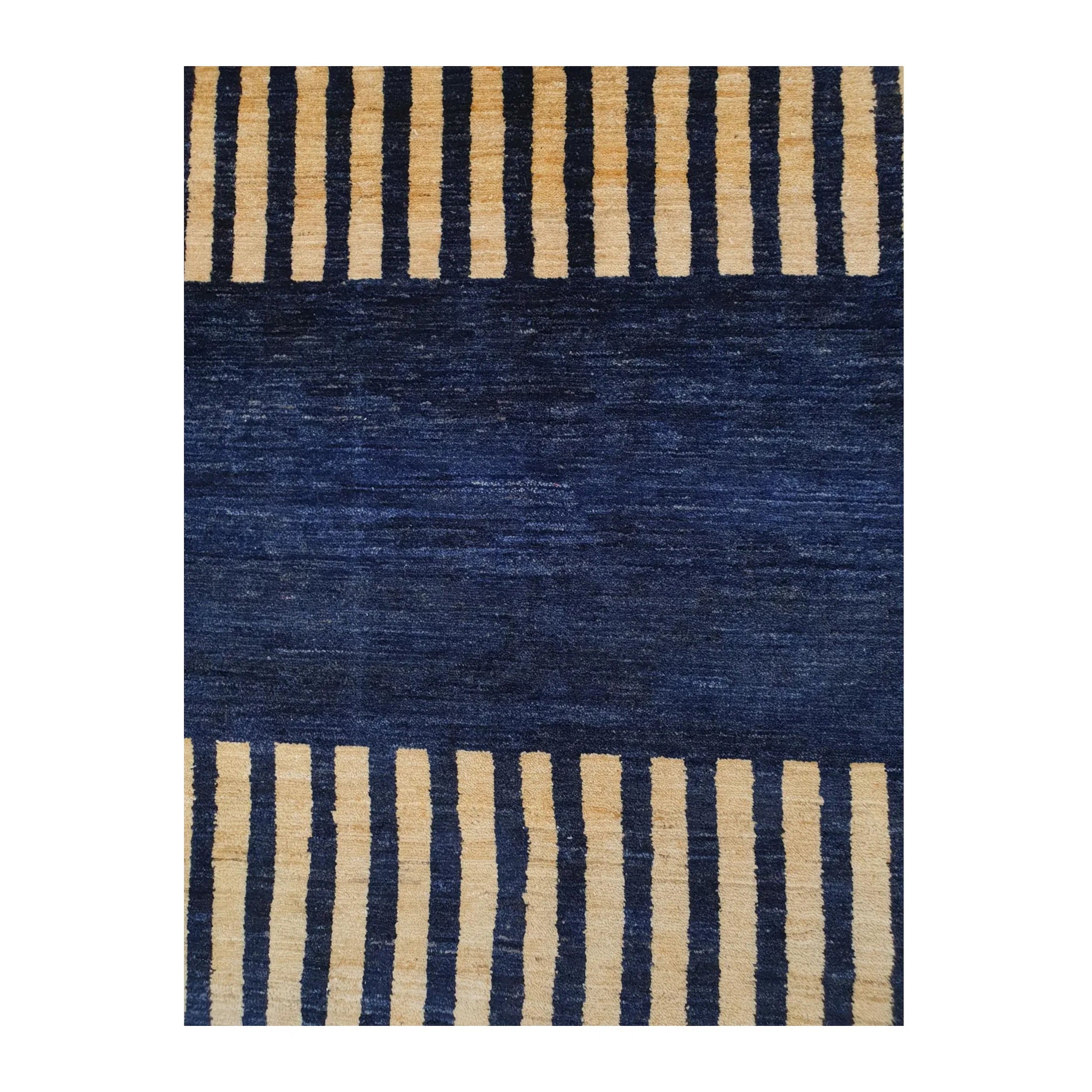 Field-stripe detail of Afghan Gabbeh wool rug with navy and beige minimalist pattern, 149 x 95 cm