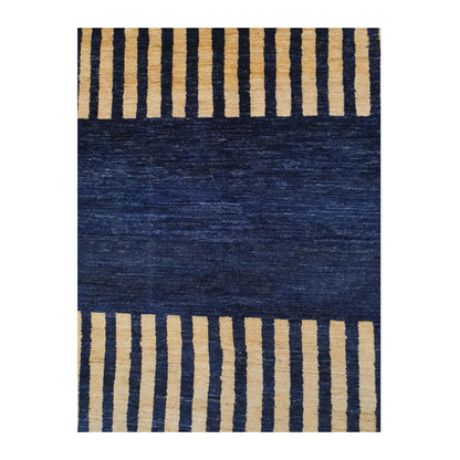 Field-stripe detail of Afghan Gabbeh wool rug with navy and beige minimalist pattern, 149 x 95 cm
