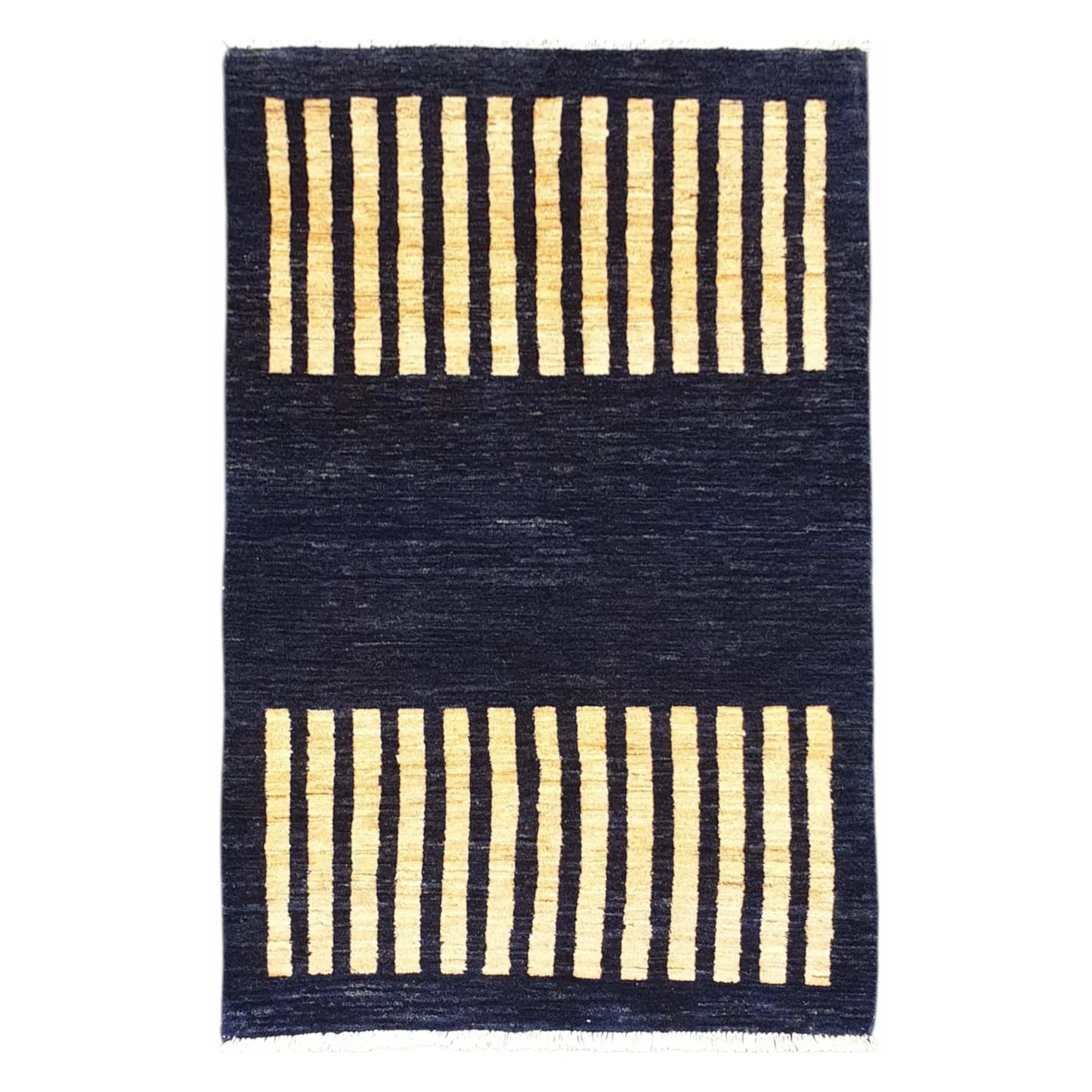Full view of Afghan Gabbeh wool rug with navy field and beige stripe panels, 149 x 95 cm