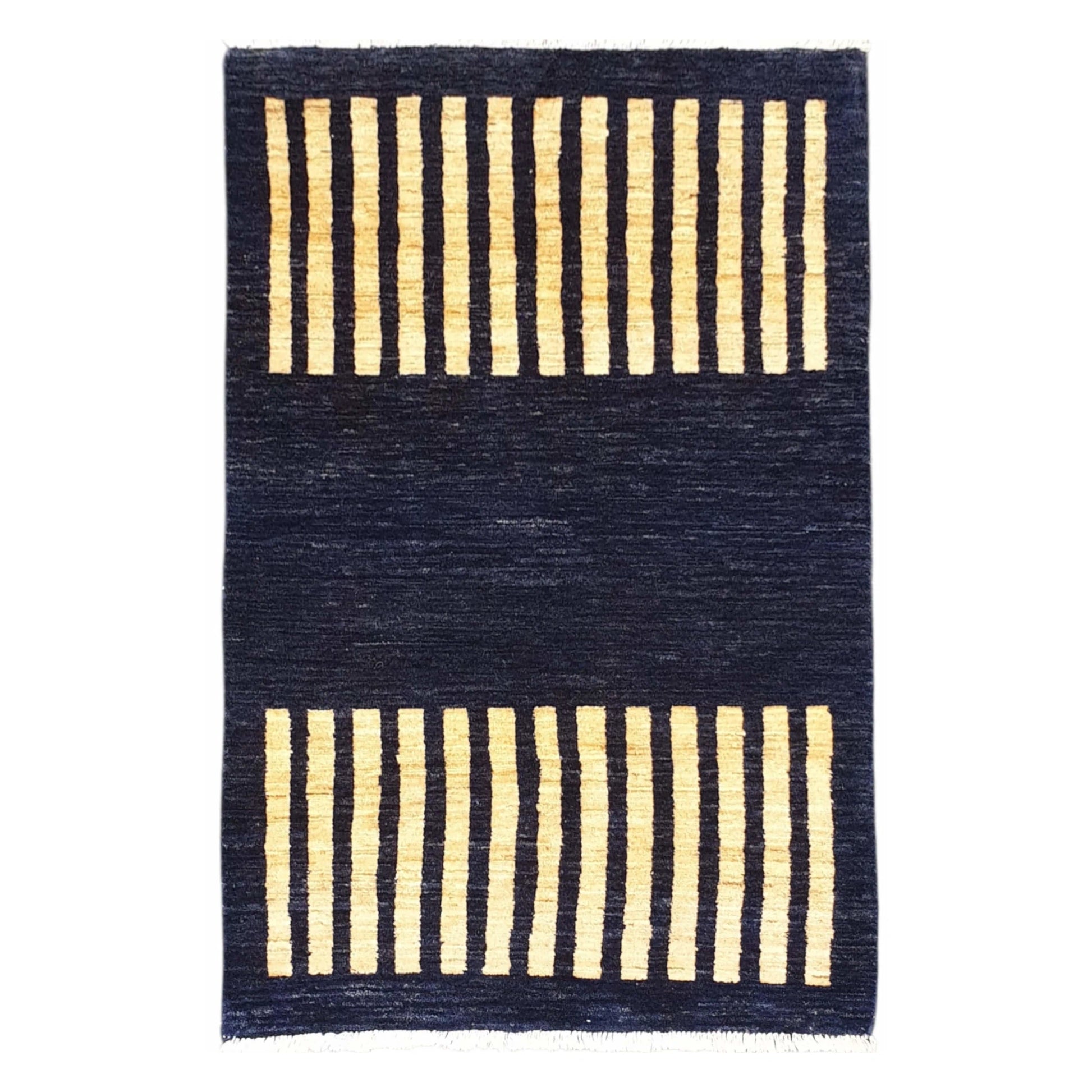 Full view of Afghan Gabbeh wool rug with navy field and beige stripe panels, 149 x 95 cm