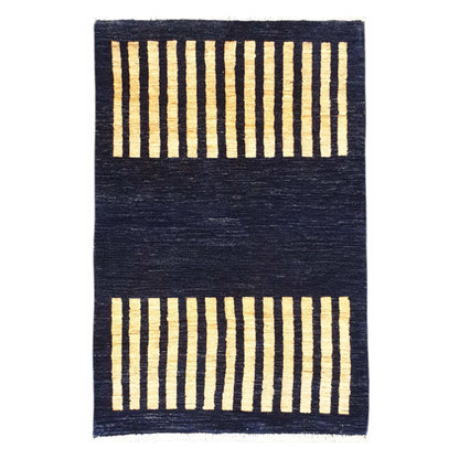 Full view of Afghan Gabbeh wool rug with navy field and beige stripe panels, 149 x 95 cm