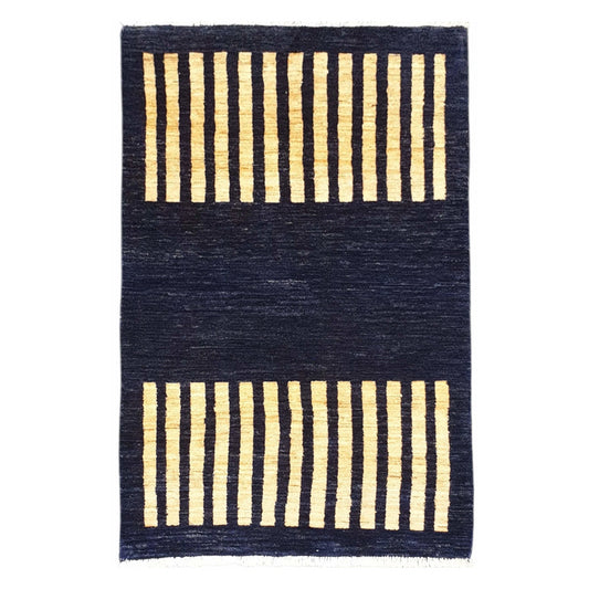 Full view of Afghan Gabbeh wool rug with navy field and beige stripe panels, 149 x 95 cm