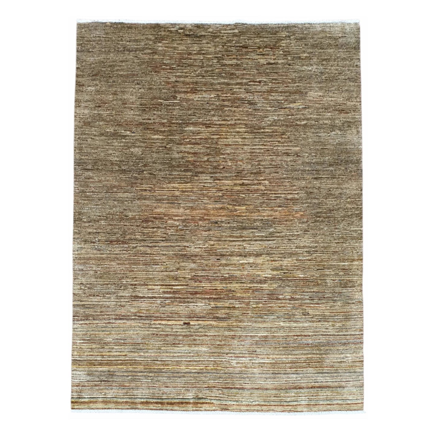 Full view of Afghan Gabbeh wool rug with layered light-brown tonal bands, 194 x 142 cm