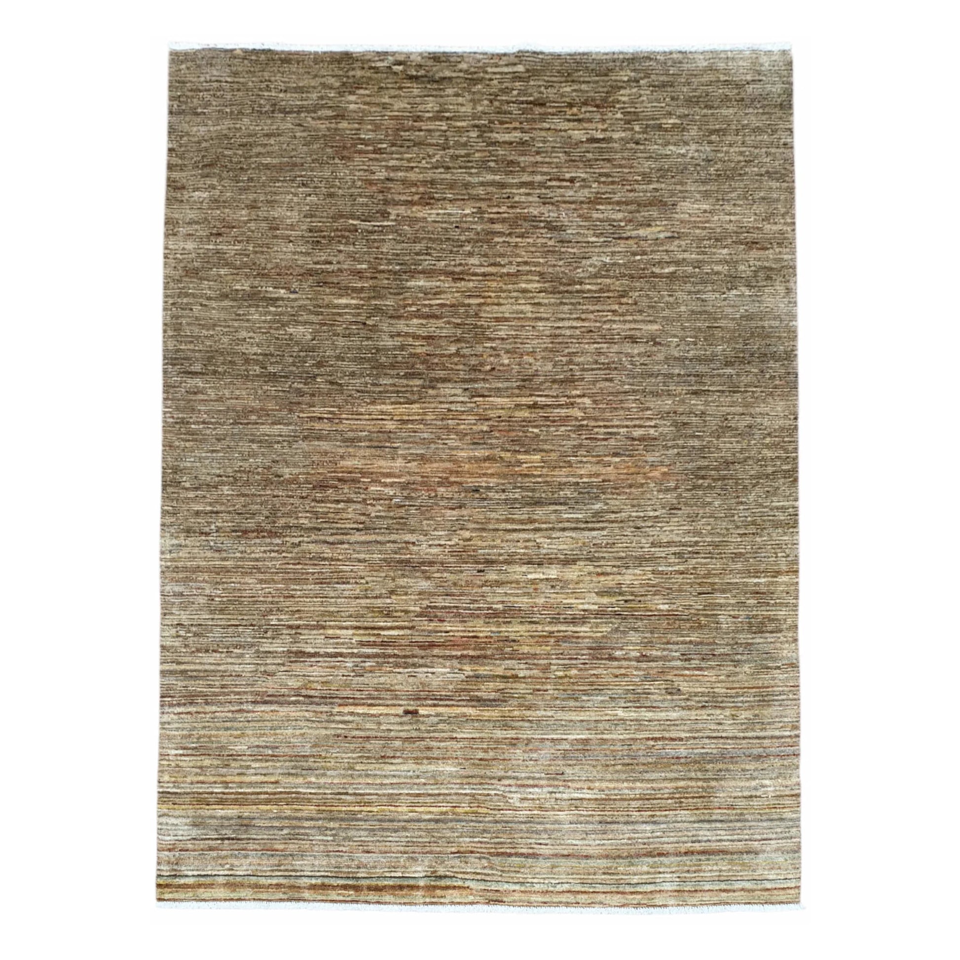 Full view of Afghan Gabbeh wool rug with layered light-brown tonal bands, 194 x 142 cm