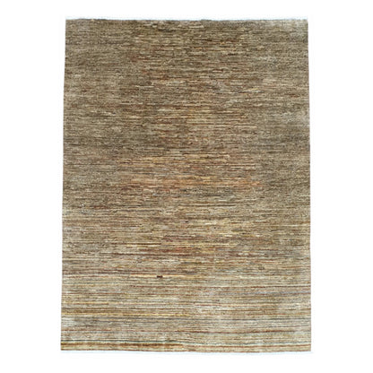 Full view of Afghan Gabbeh wool rug with layered light-brown tonal bands, 194 x 142 cm