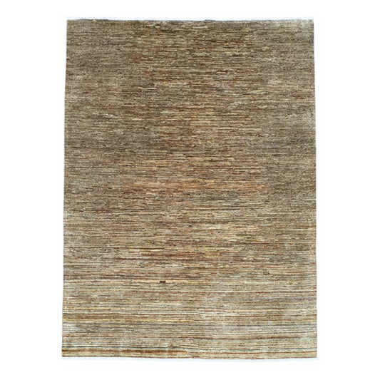 Full view of Afghan Gabbeh wool rug with layered light-brown tonal bands, 194 x 142 cm
