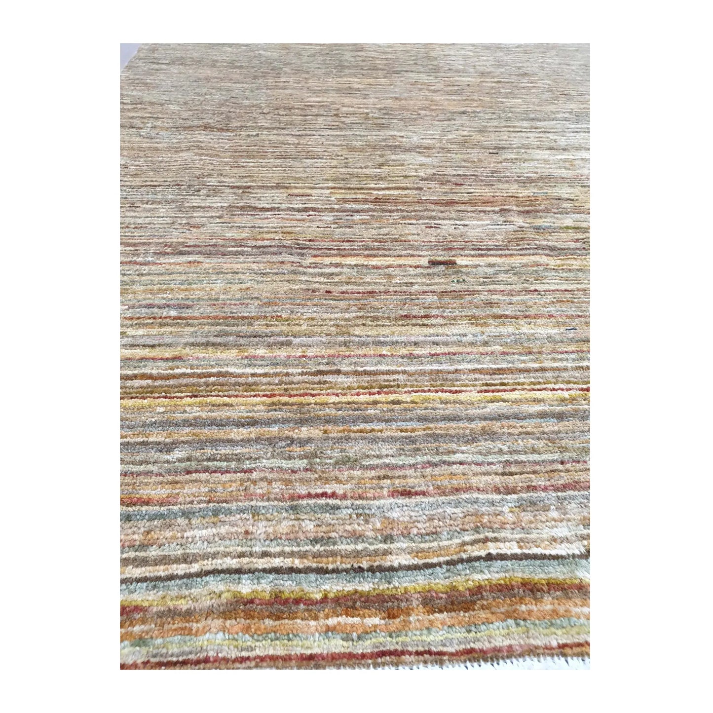Tonal band detail of Afghan Gabbeh wool rug with subtle rust and blue accents, 194 x 142 cm