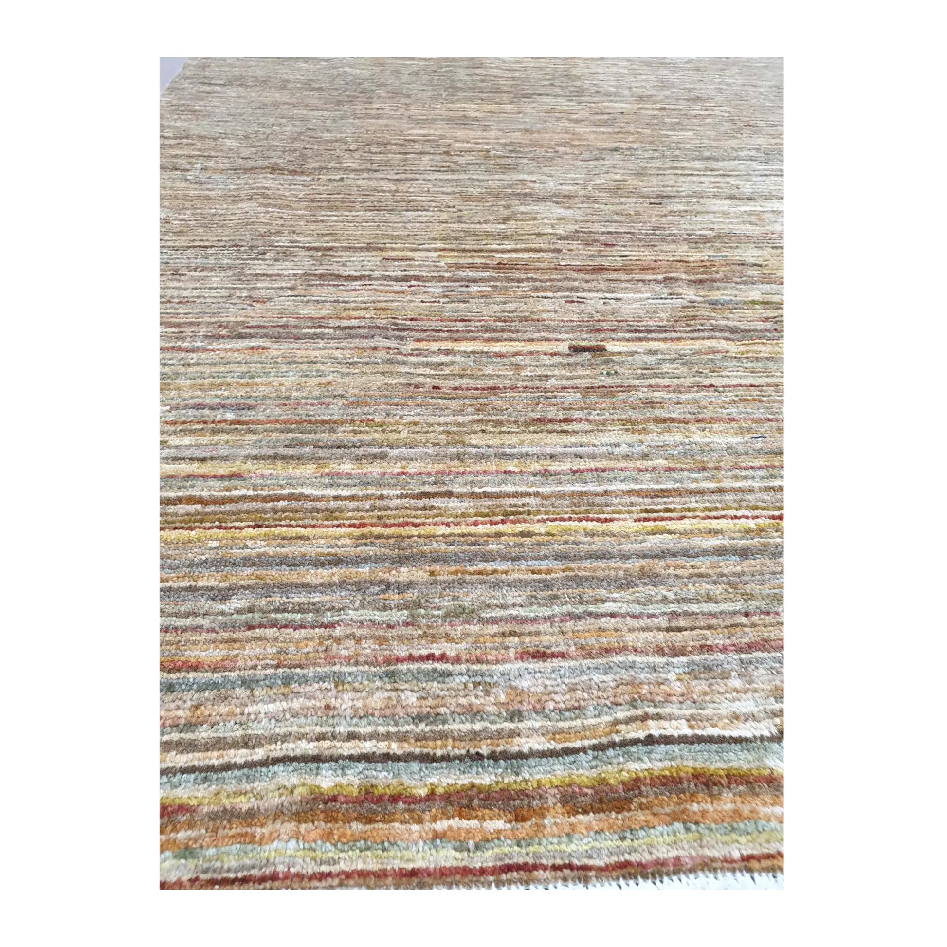 Tonal band detail of Afghan Gabbeh wool rug with subtle rust and blue accents, 194 x 142 cm