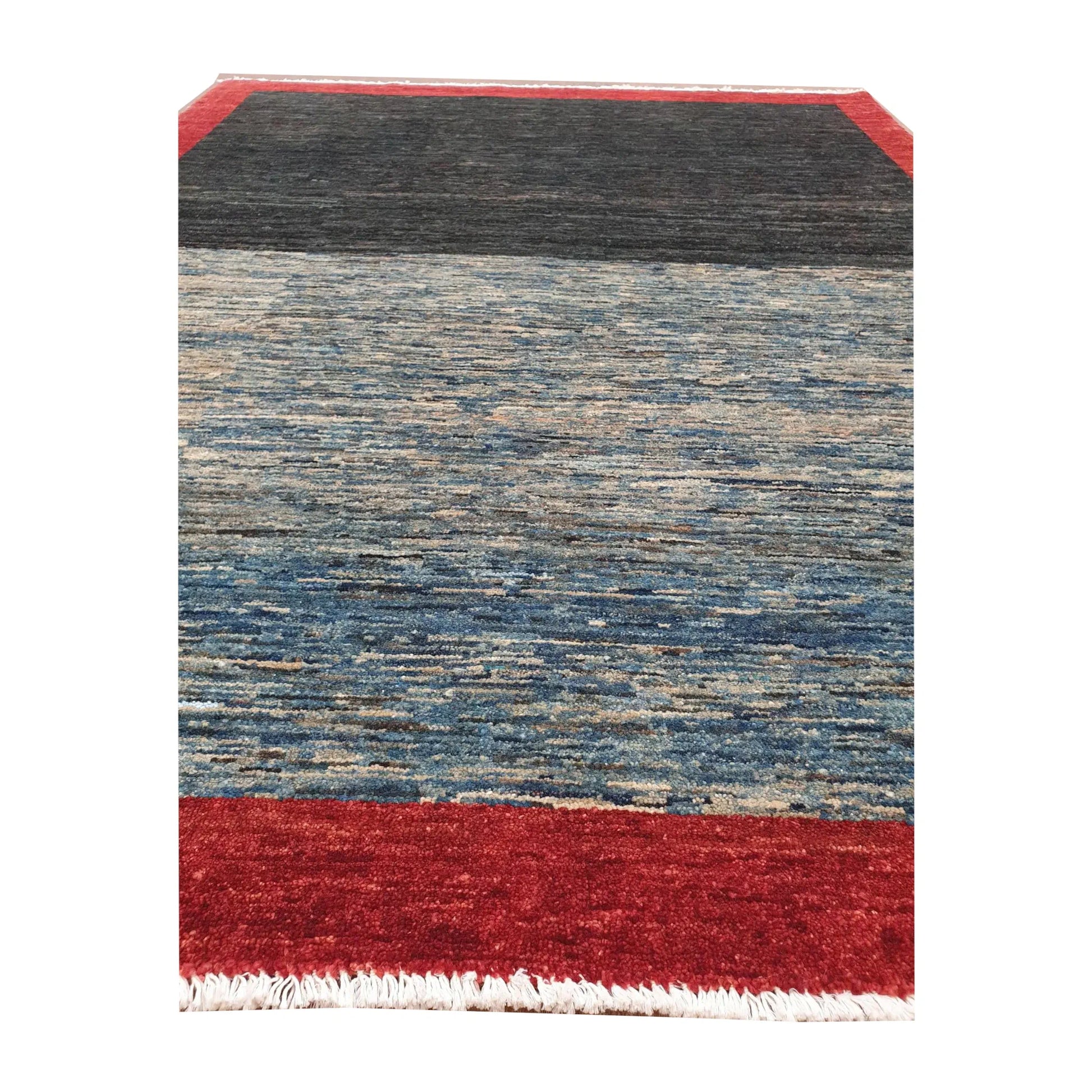 Field and fringe detail of Afghan Gabbeh wool rug with blue tones and red edge, 196 x 157 cm