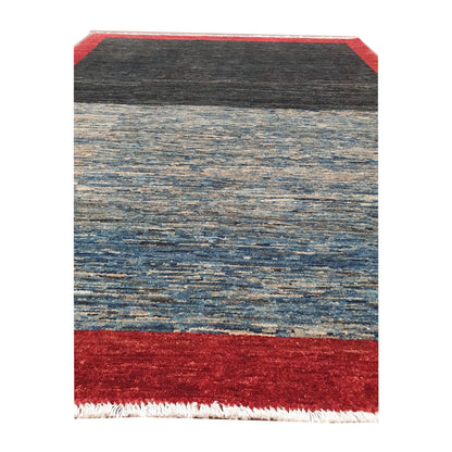 Field and fringe detail of Afghan Gabbeh wool rug with blue tones and red edge, 196 x 157 cm