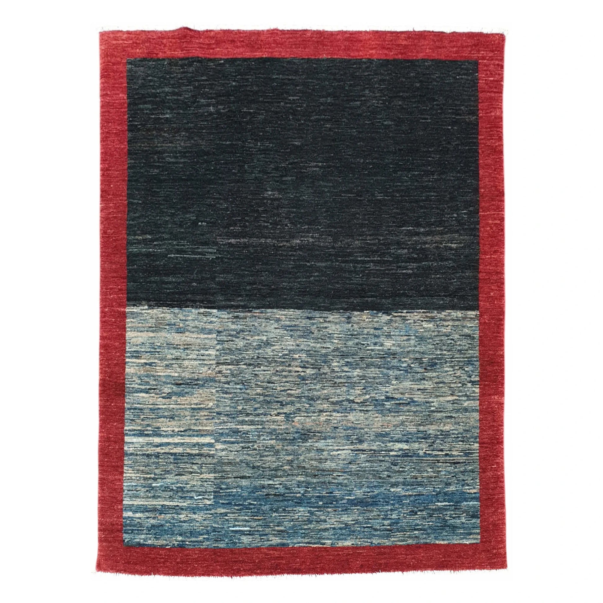 Full view of Afghan Gabbeh wool rug with red border and blue colour-block field, 196 x 157 cm
