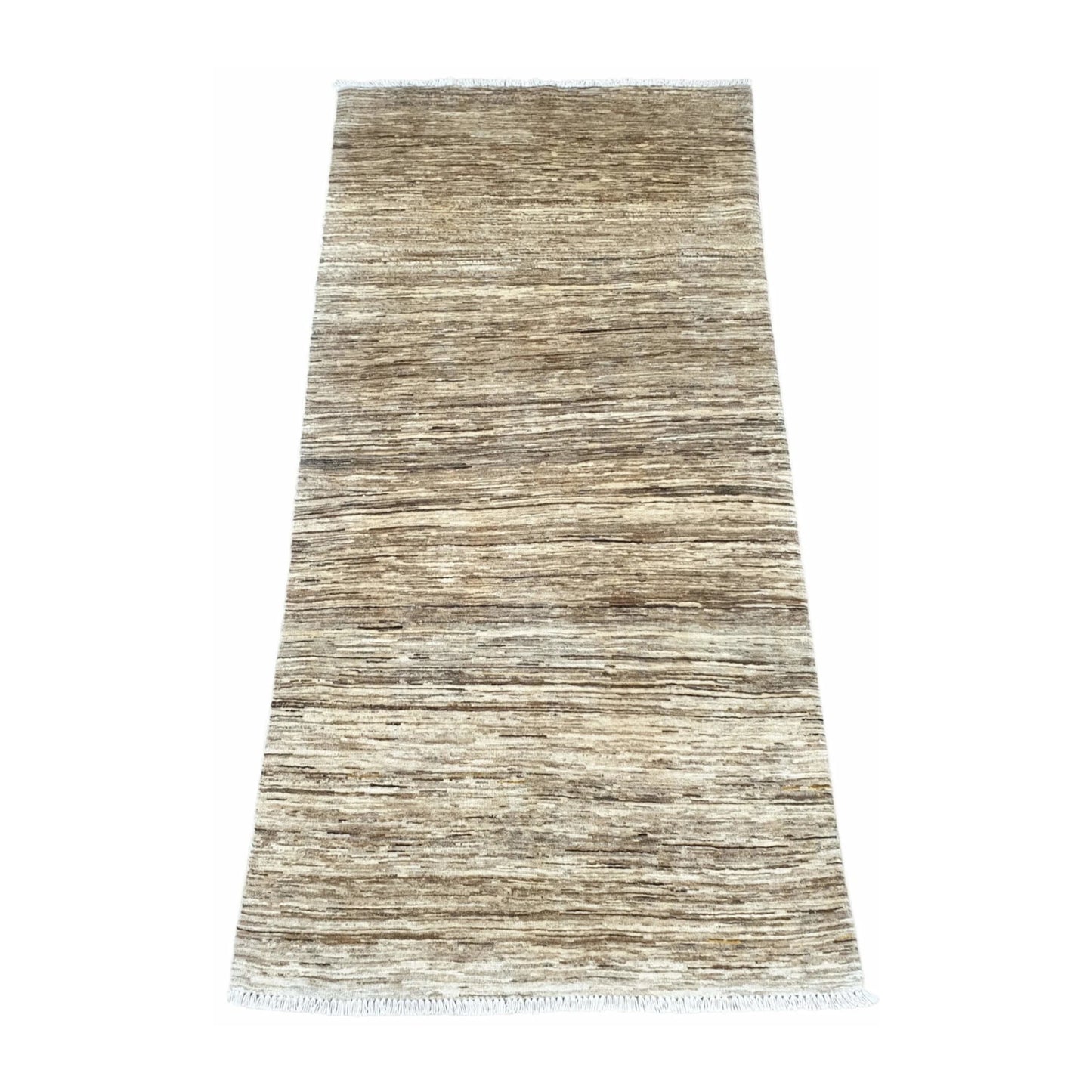 Angled view of Afghan Gabbeh wool rug showing minimalist tonal variation, 200 x 105 cm