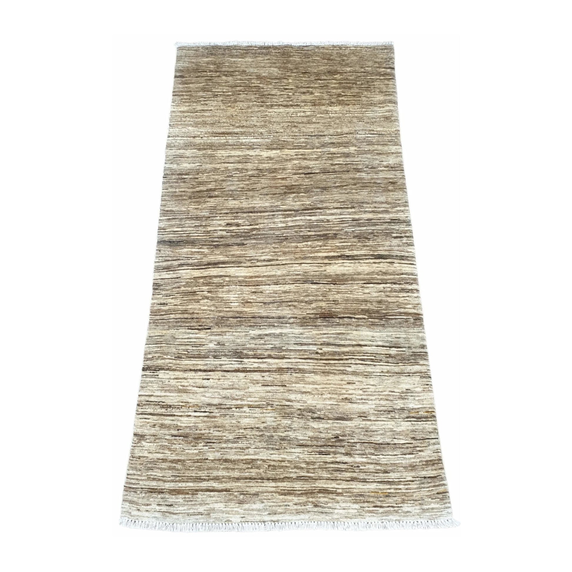 Angled view of Afghan Gabbeh wool rug showing minimalist tonal variation, 200 x 105 cm