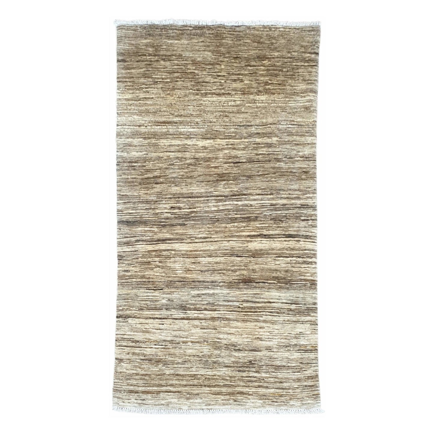Full view of Afghan Gabbeh wool rug with earthy brown and beige striations, 200 x 105 cm