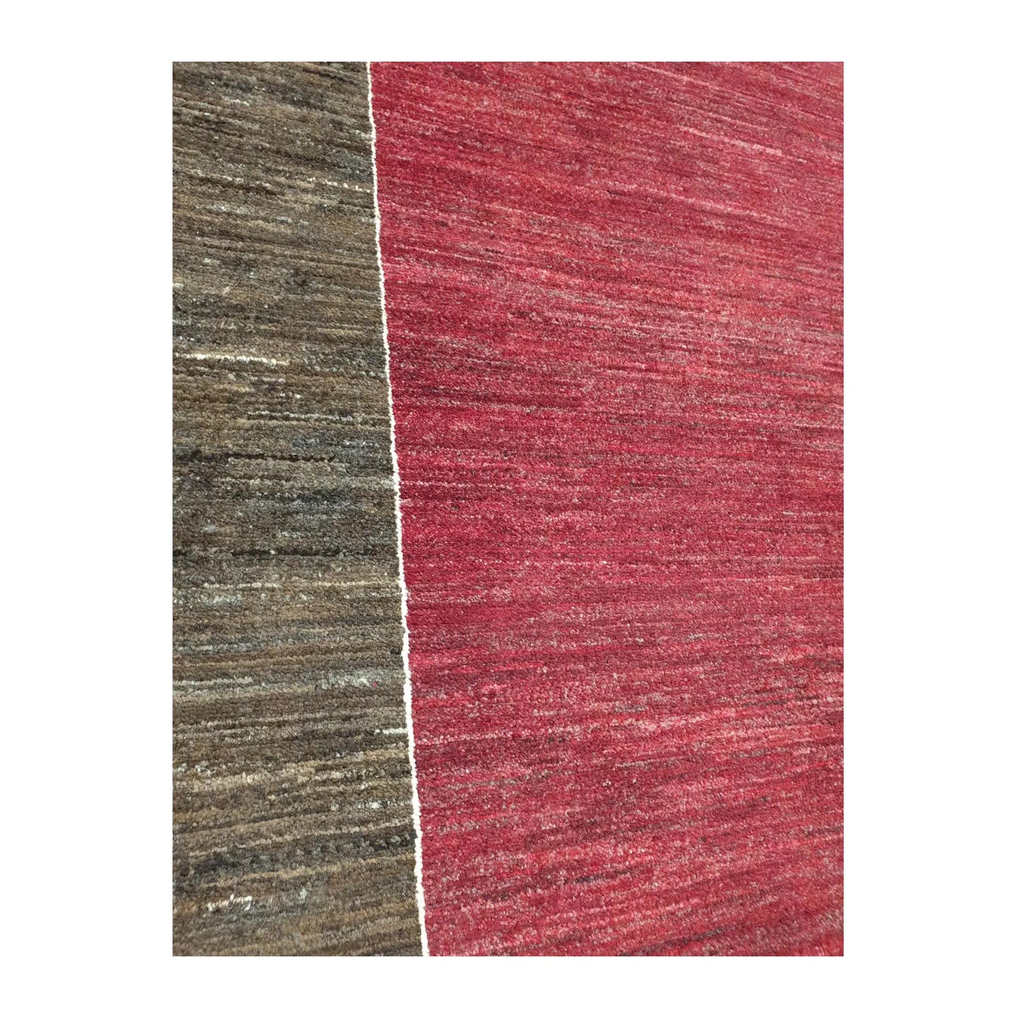 Field and border detail of Afghan Gabbeh wool rug showing red and charcoal-brown hand-knotted texture, 243 x 162 cm
