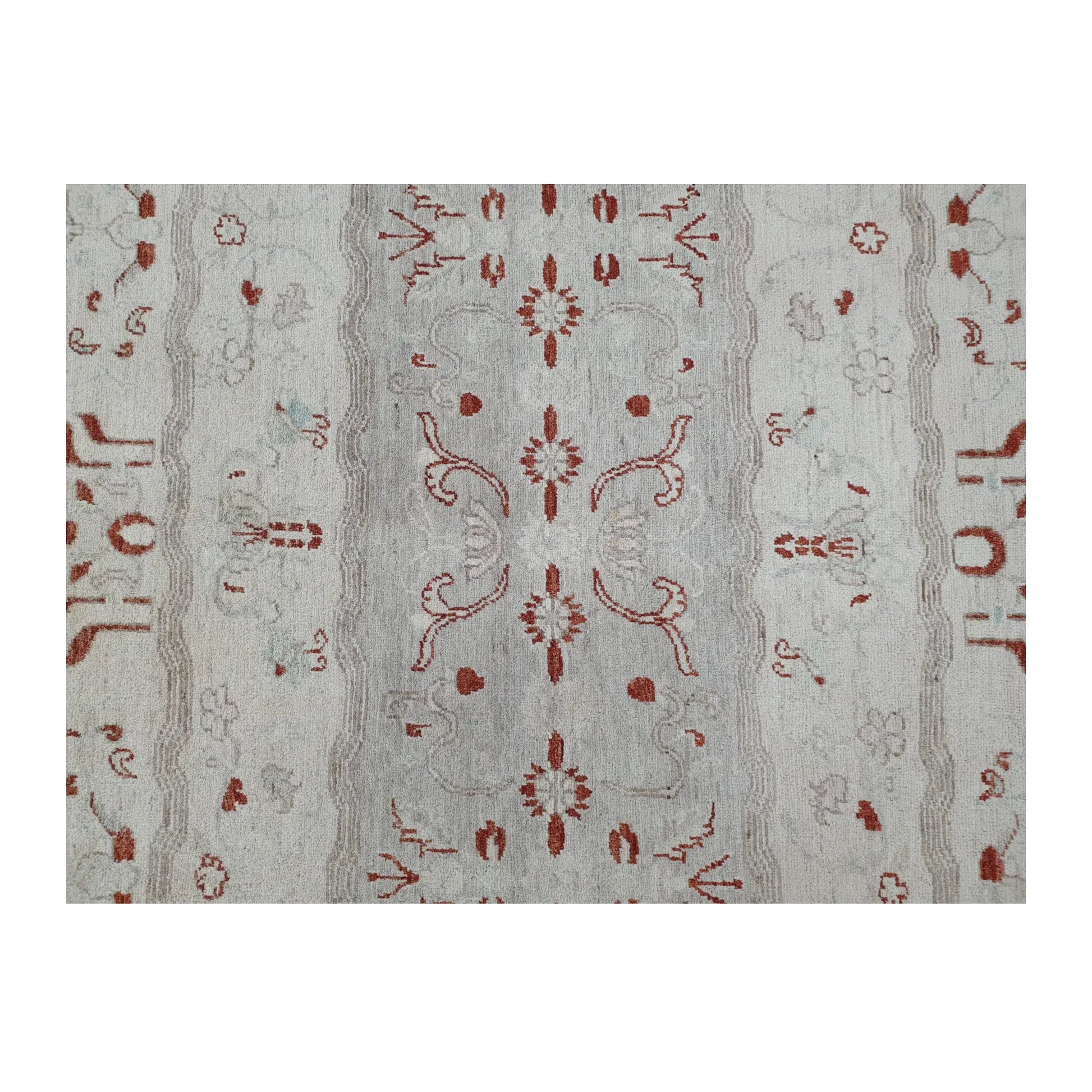 Central motif detail of Afghan Gabbeh hand-knotted wool rug showing fine rust-red floral elements across the off-white wool pile, 250 x 168 cm