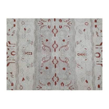 Central motif detail of Afghan Gabbeh hand-knotted wool rug showing fine rust-red floral elements across the off-white wool pile, 250 x 168 cm