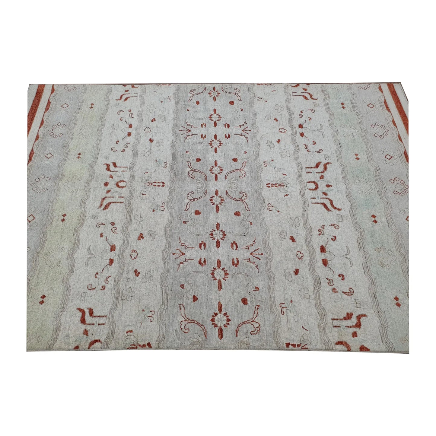 Centre-field detail of Afghan Gabbeh hand-knotted wool rug showing symmetrical rust-red motifs and subtle tonal variation, 250 x 168 cm