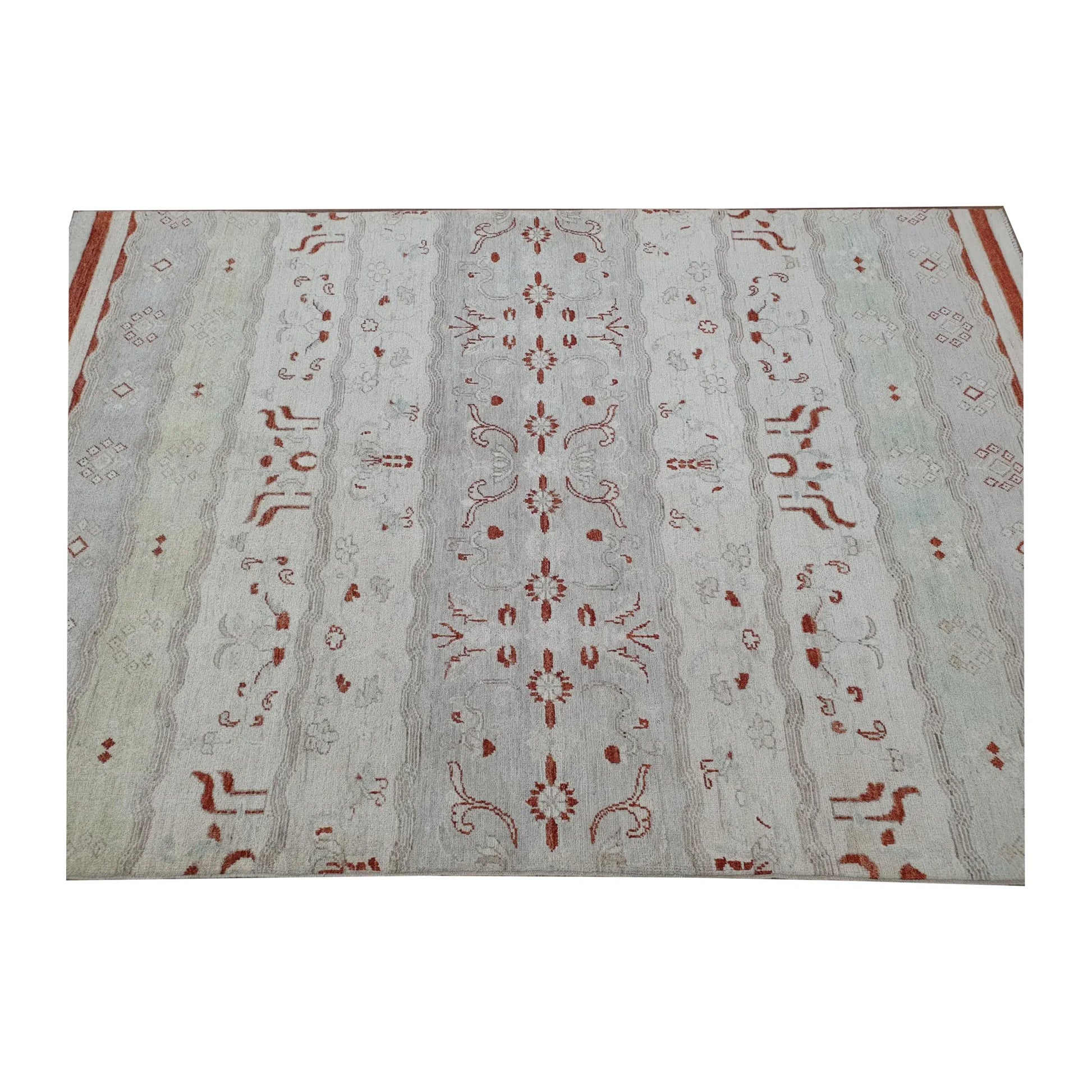Centre-field detail of Afghan Gabbeh hand-knotted wool rug showing symmetrical rust-red motifs and subtle tonal variation, 250 x 168 cm
