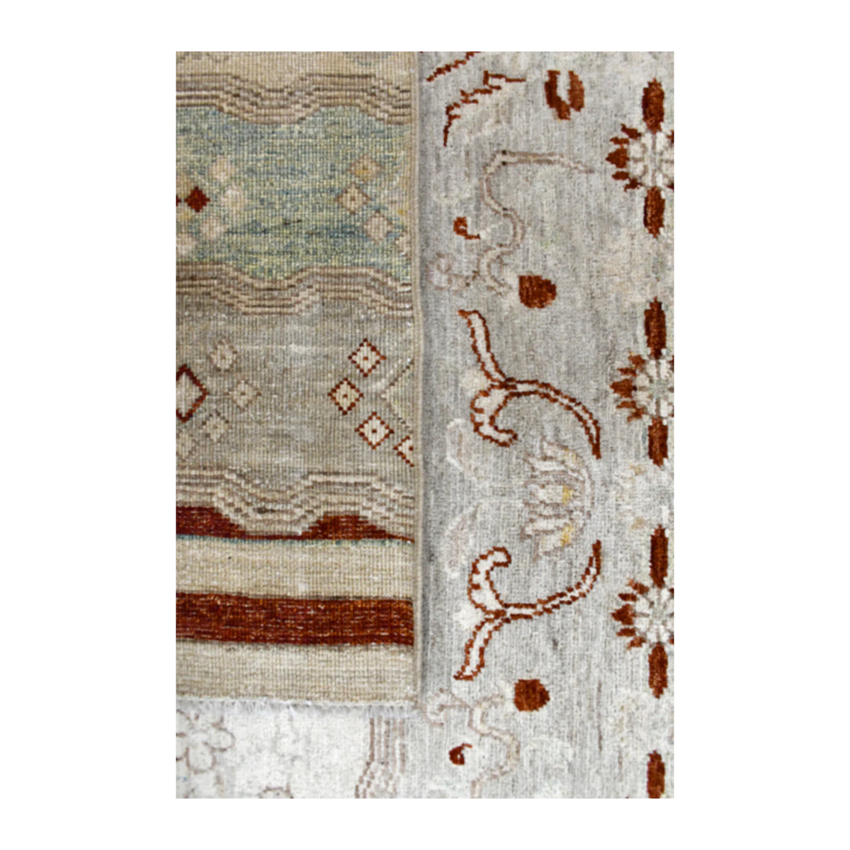 Reverse-weave view of Afghan Gabbeh wool rug showing the back construction, pattern structure and fringe