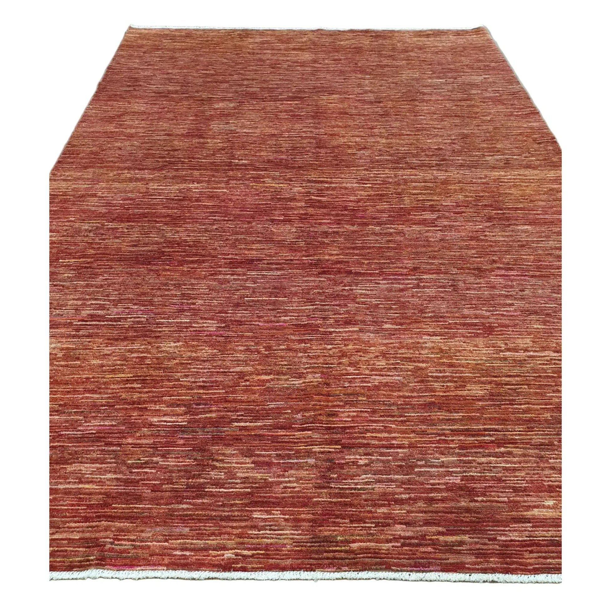 Full view of Afghan Gabbeh wool rug with rust-red tonal bands, 288 x 200 cm