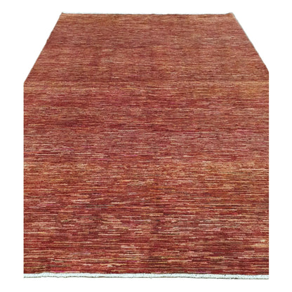 Full view of Afghan Gabbeh wool rug with rust-red tonal bands, 288 x 200 cm