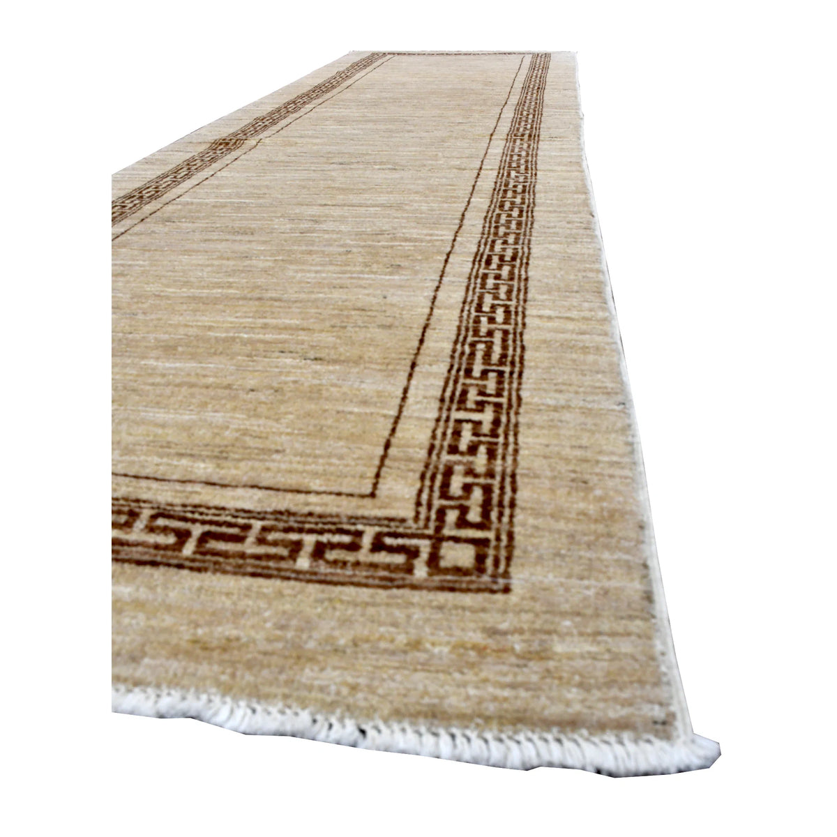 Angled view of Afghan Gabbeh runner showing its warm beige field, dark brown geometric border and white fringe