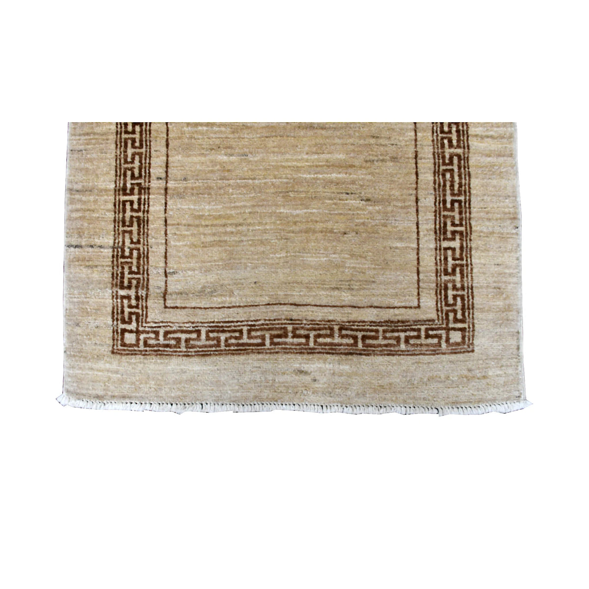 Fringe-end detail of Afghan Gabbeh runner showing the brown geometric border around its beige field and white fringe