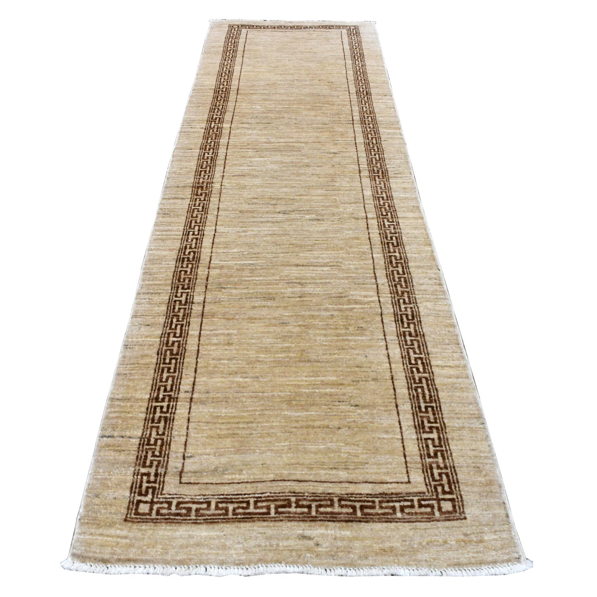 Full view of Afghan Gabbeh hand-knotted wool runner with a striated beige field and dark brown geometric border, 277 x 81 cm