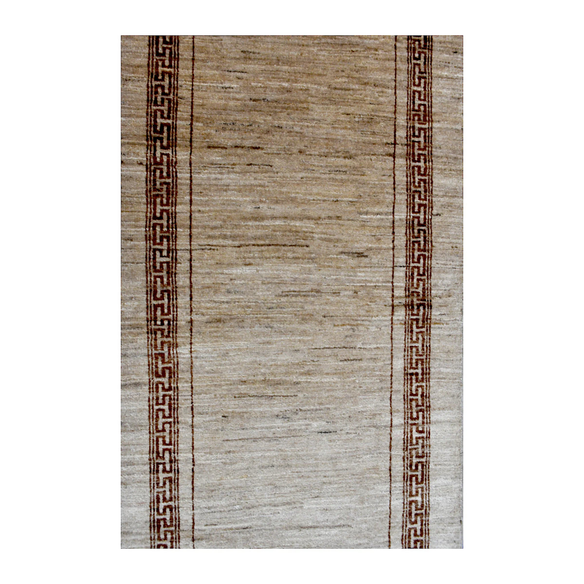 Field detail of Afghan Gabbeh runner showing fine beige and ivory striations between dark brown patterned borders