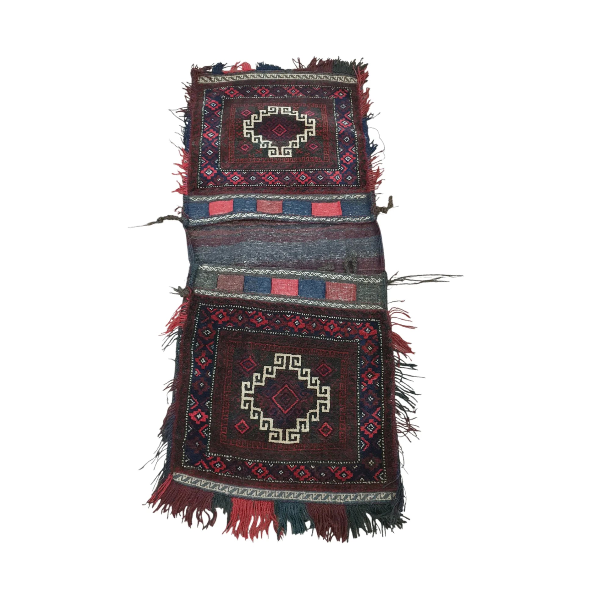 Full view of Afghan hand-knotted wool saddle bag with paired hooked medallion faces and flatwoven centre, 124 x 50 cm