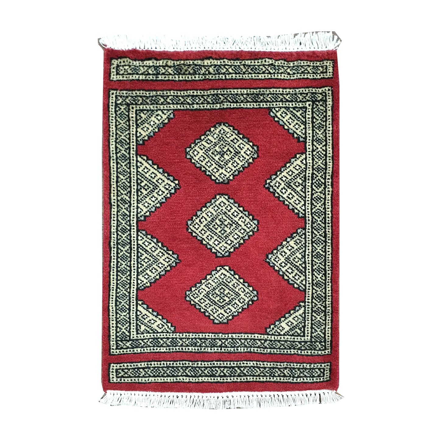 Afghan Jaldar wool rug 61 x 47 cm full view with red field, ivory diamond motifs and fringe
