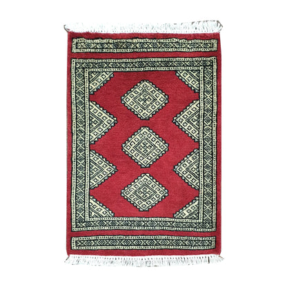 Afghan Jaldar wool rug 61 x 47 cm full view with red field, ivory diamond motifs and fringe