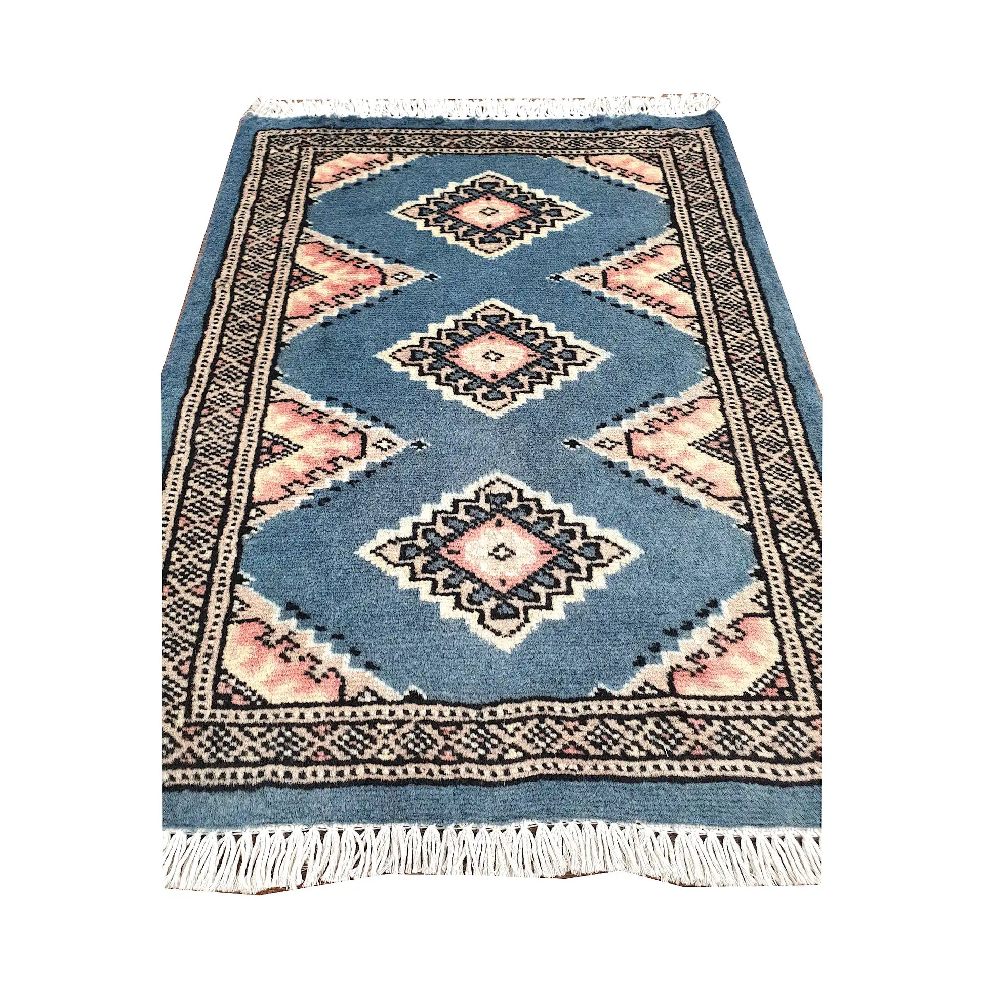Blue-grey field and border detail of Afghan Jaldar wool rug showing diamond medallions and geometric border