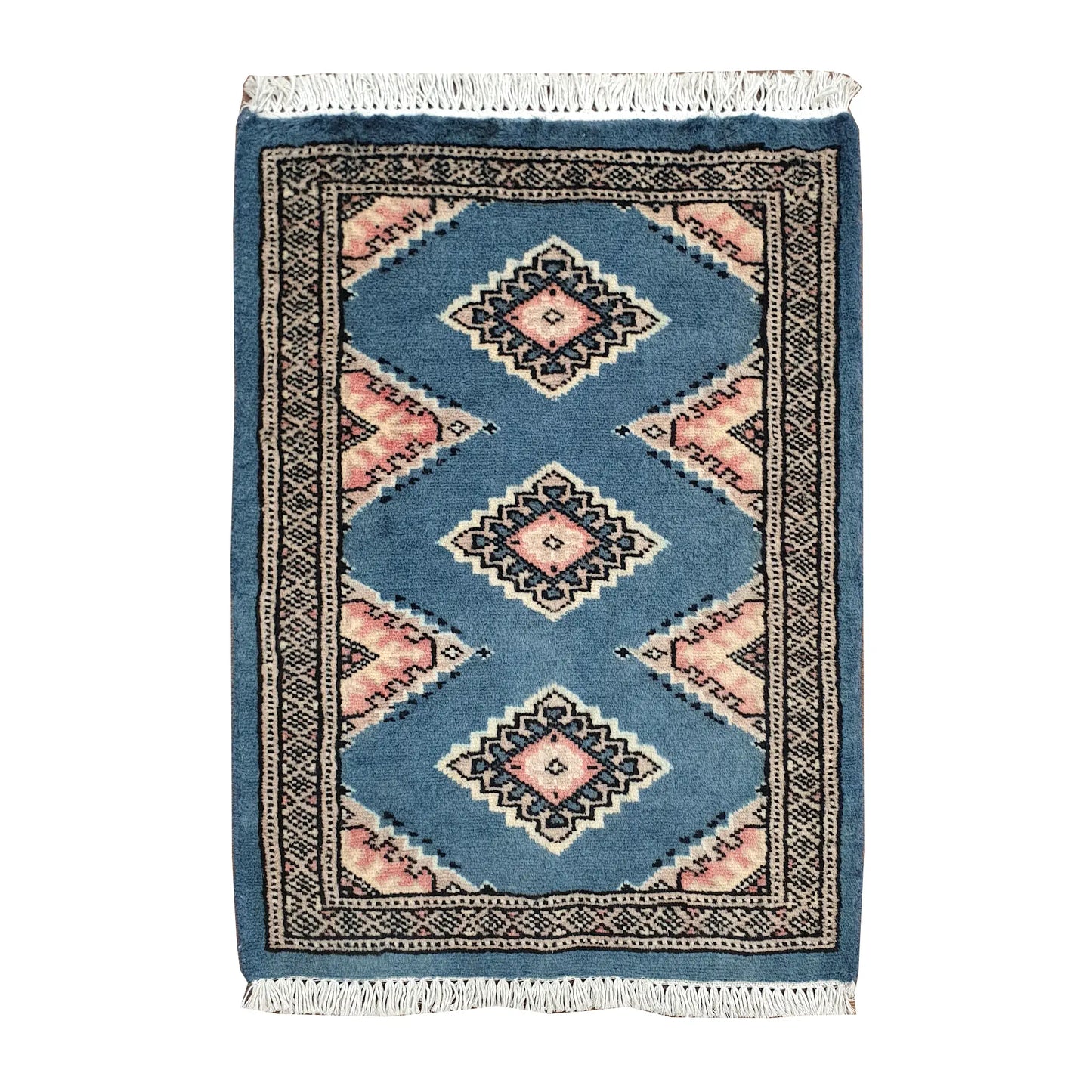 Afghan Jaldar wool rug 63 x 48 cm full view with blue-grey field, soft pink diamond motifs and fringe