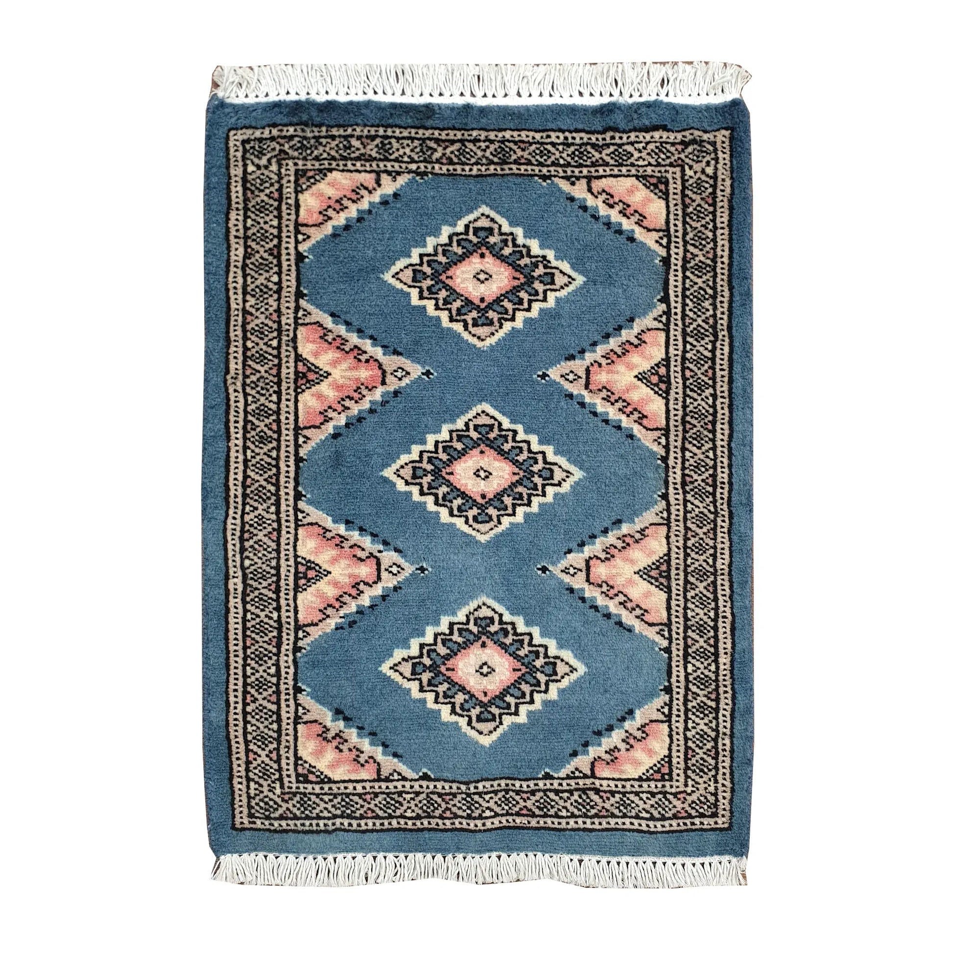 Afghan Jaldar wool rug 63 x 48 cm full view with blue-grey field, soft pink diamond motifs and fringe