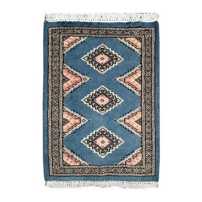 Afghan Jaldar wool rug 63 x 48 cm full view with blue-grey field, soft pink diamond motifs and fringe