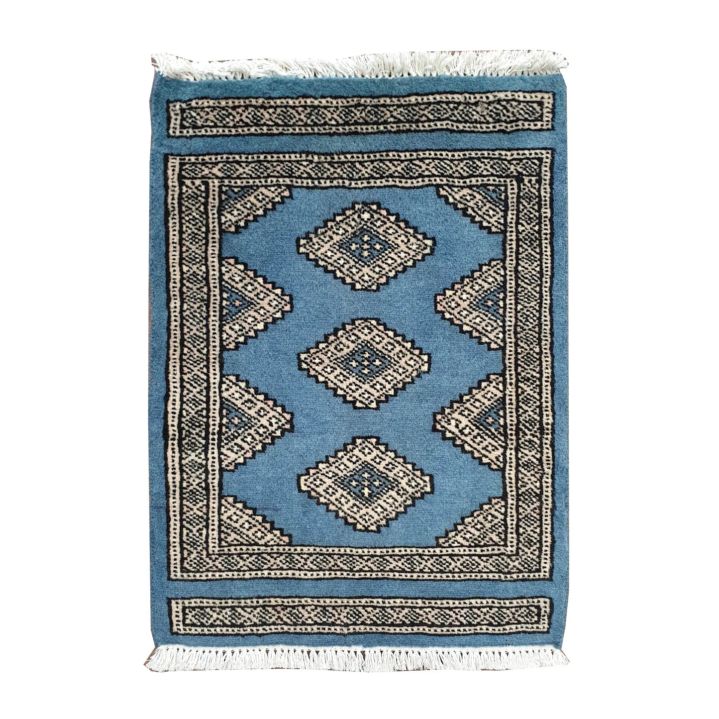 Afghan Jaldar wool rug 64 x 48 cm full view with blue field, ivory diamond motifs and fringe