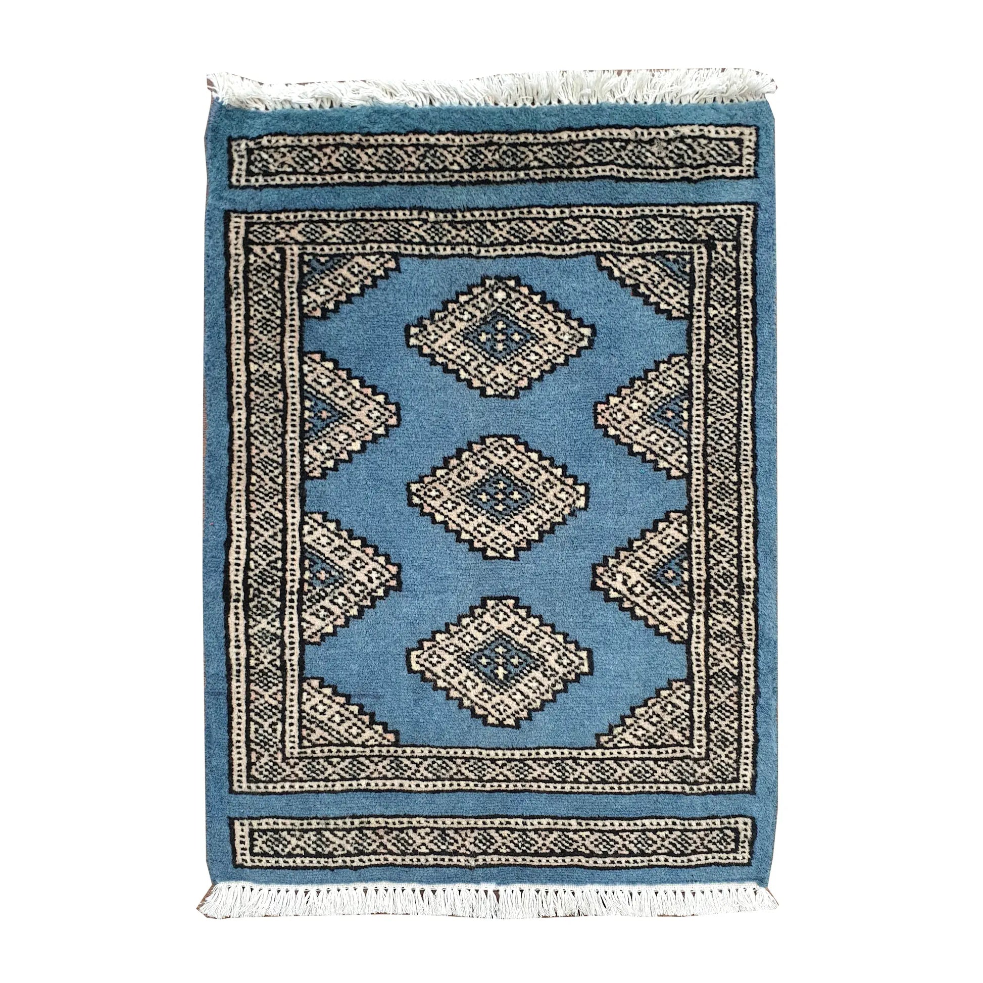 Afghan Jaldar wool rug 64 x 48 cm full view with blue field, ivory diamond motifs and fringe