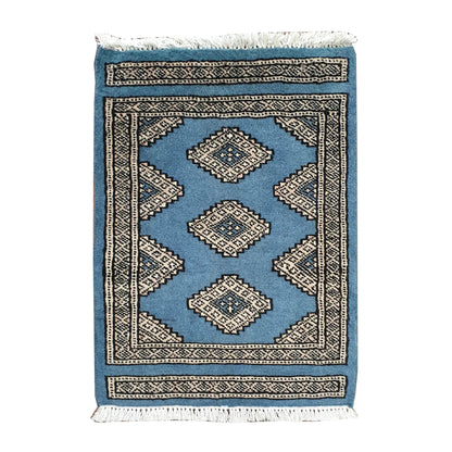 Afghan Jaldar wool rug 64 x 48 cm full view with blue field, ivory diamond motifs and fringe