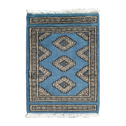 Afghan Jaldar wool rug 64 x 48 cm full view with blue field, ivory diamond motifs and fringe