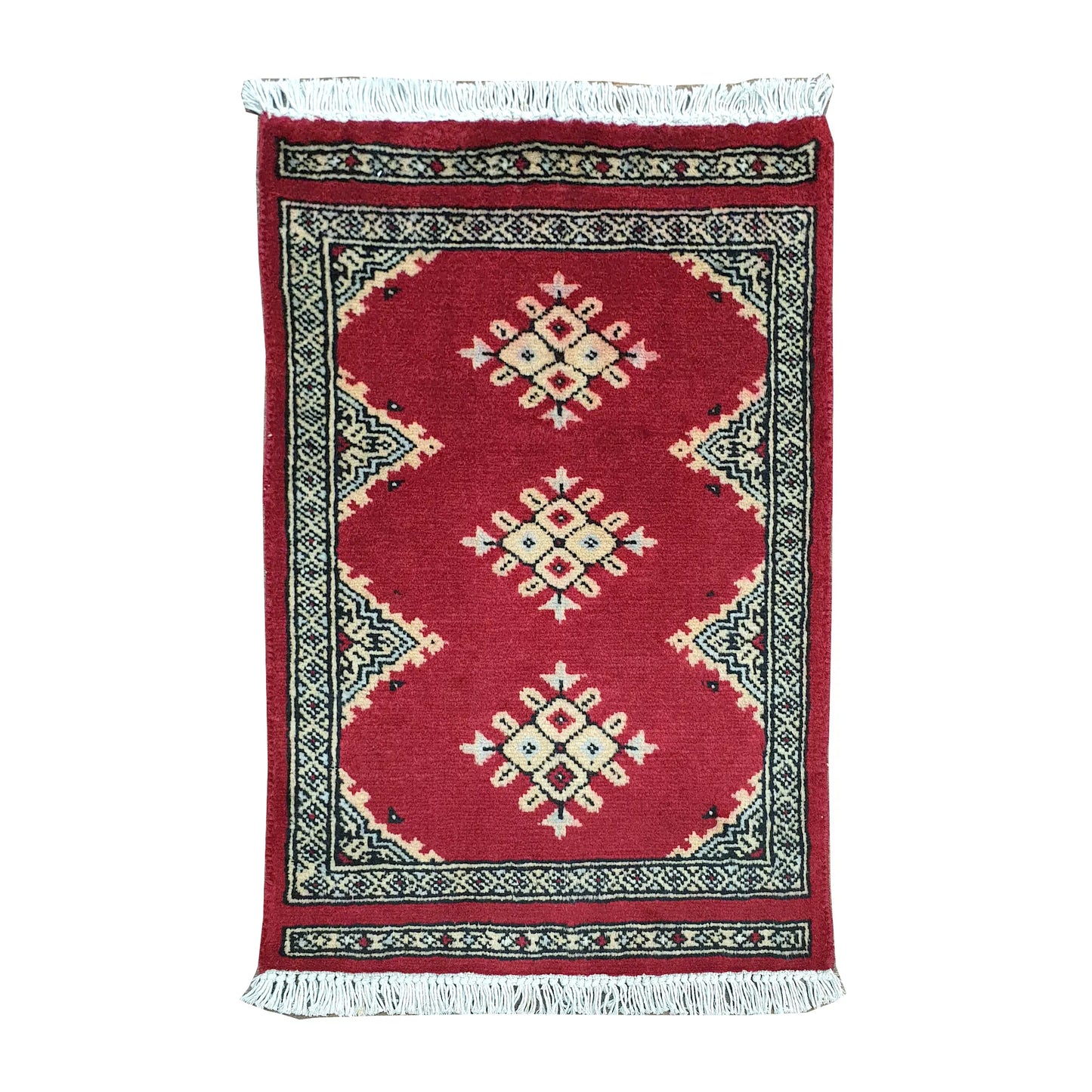 Afghan Jaldar wool rug 65 x 46 cm full view with red field, ivory diamond motifs and fringe