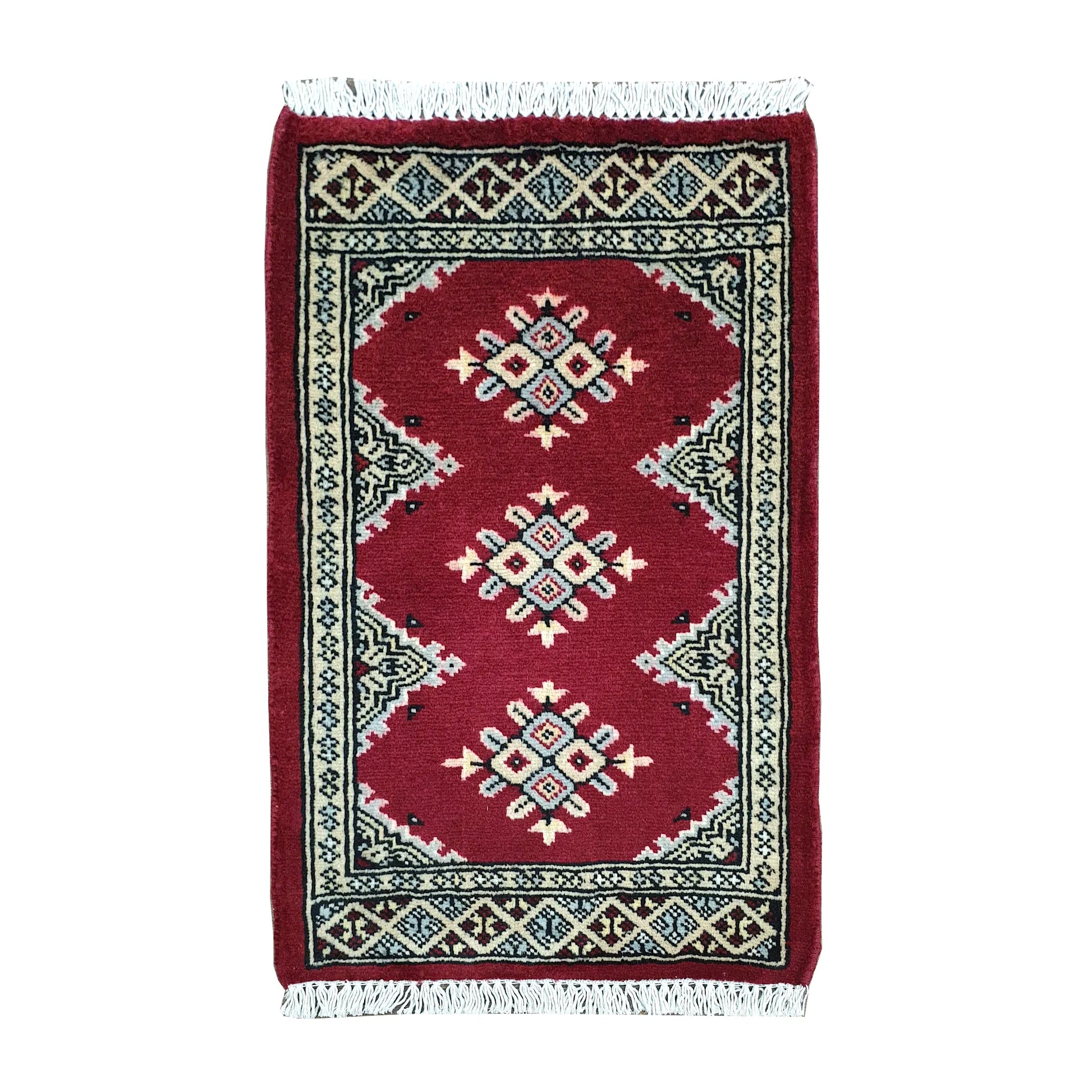 Afghan Jaldar wool rug 67 x 49 cm full view with red field, ivory diamond motifs and fringe