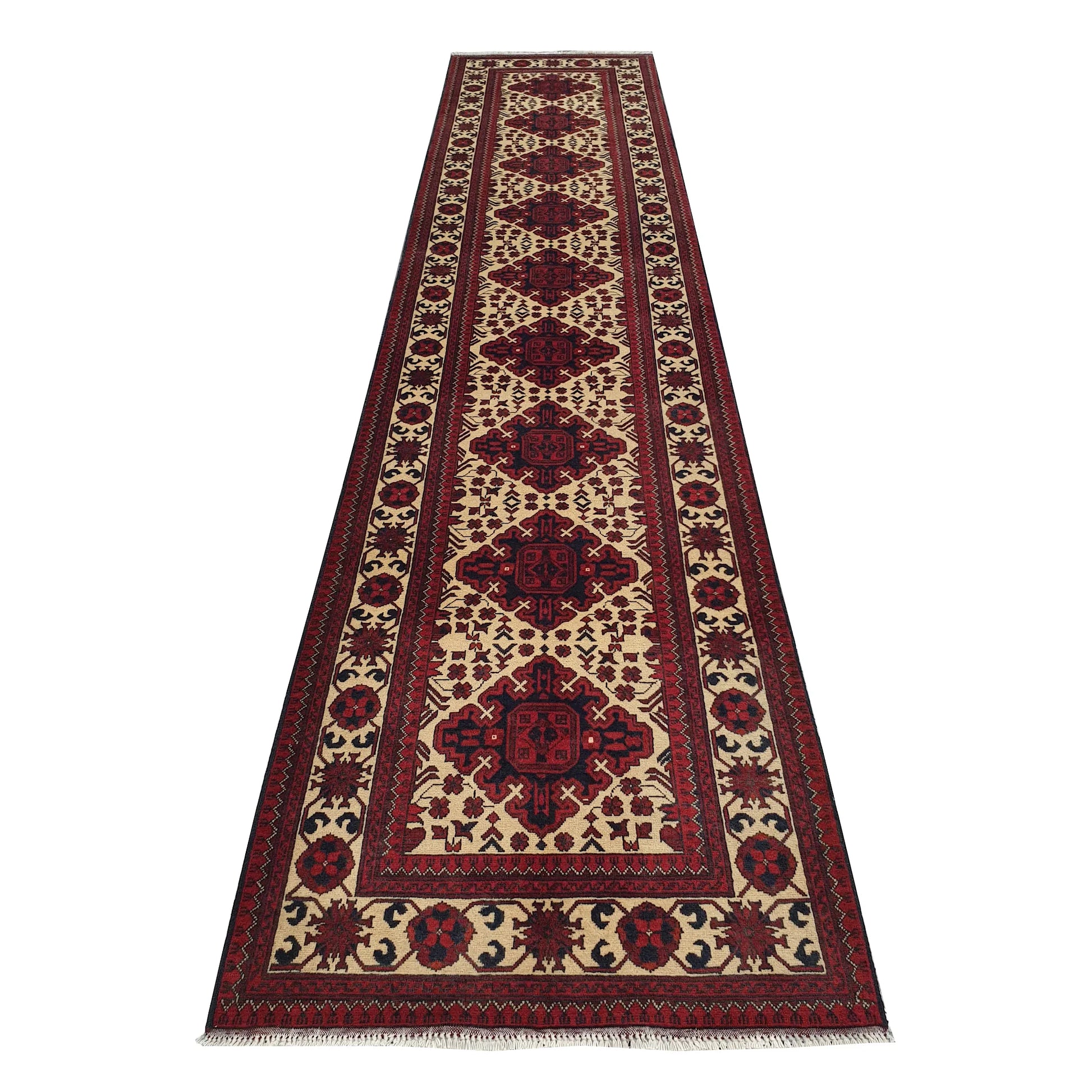 Afghan Karghai runner rug 389 x 83 cm full view with ivory field and burgundy medallion pattern