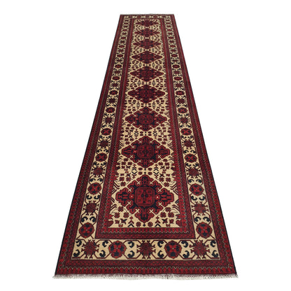 Afghan Karghai runner rug 389 x 83 cm full view with ivory field and burgundy medallion pattern