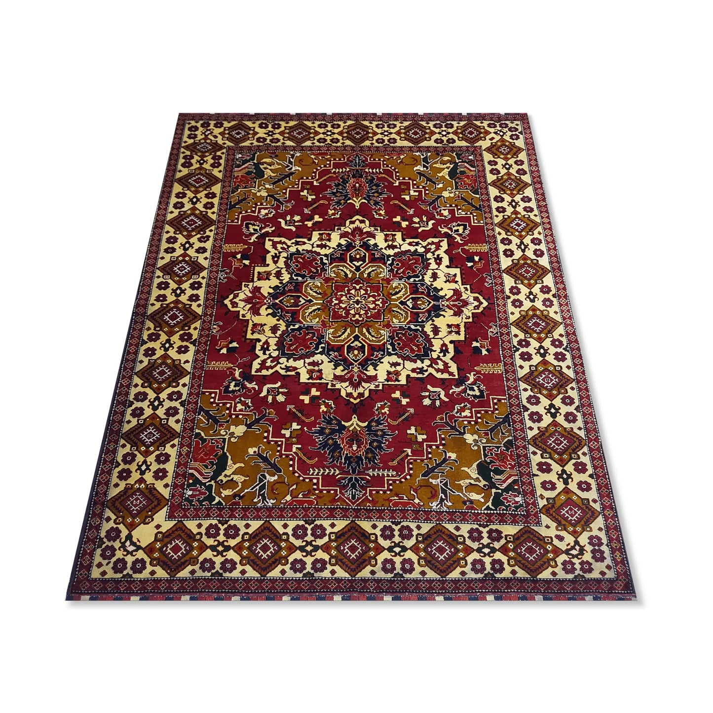Angled view of Afghan Karghai wool rug with tribal motifs and cream border, 281 x 200 cm