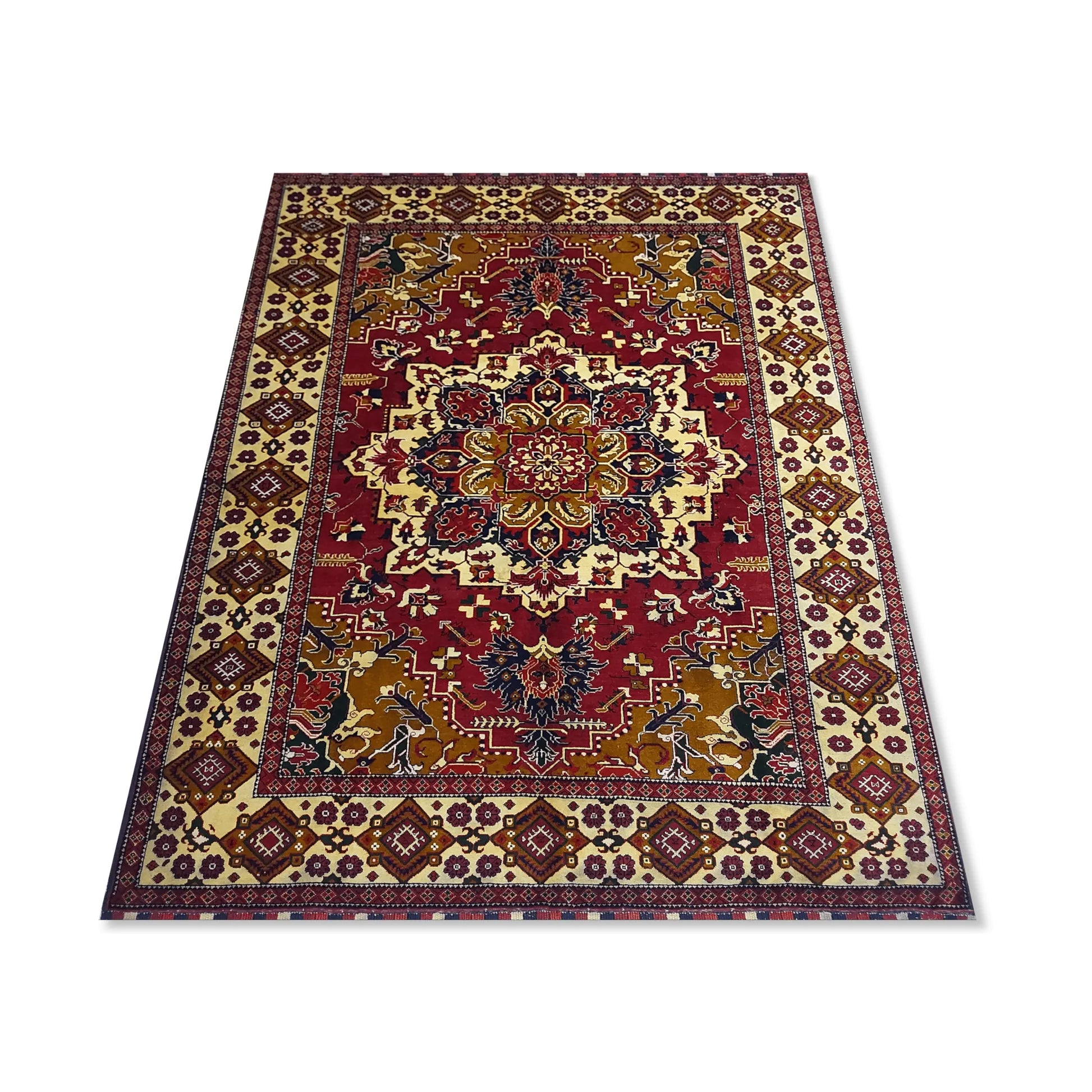 Angled view of Afghan Karghai wool rug with tribal motifs and cream border, 281 x 200 cm