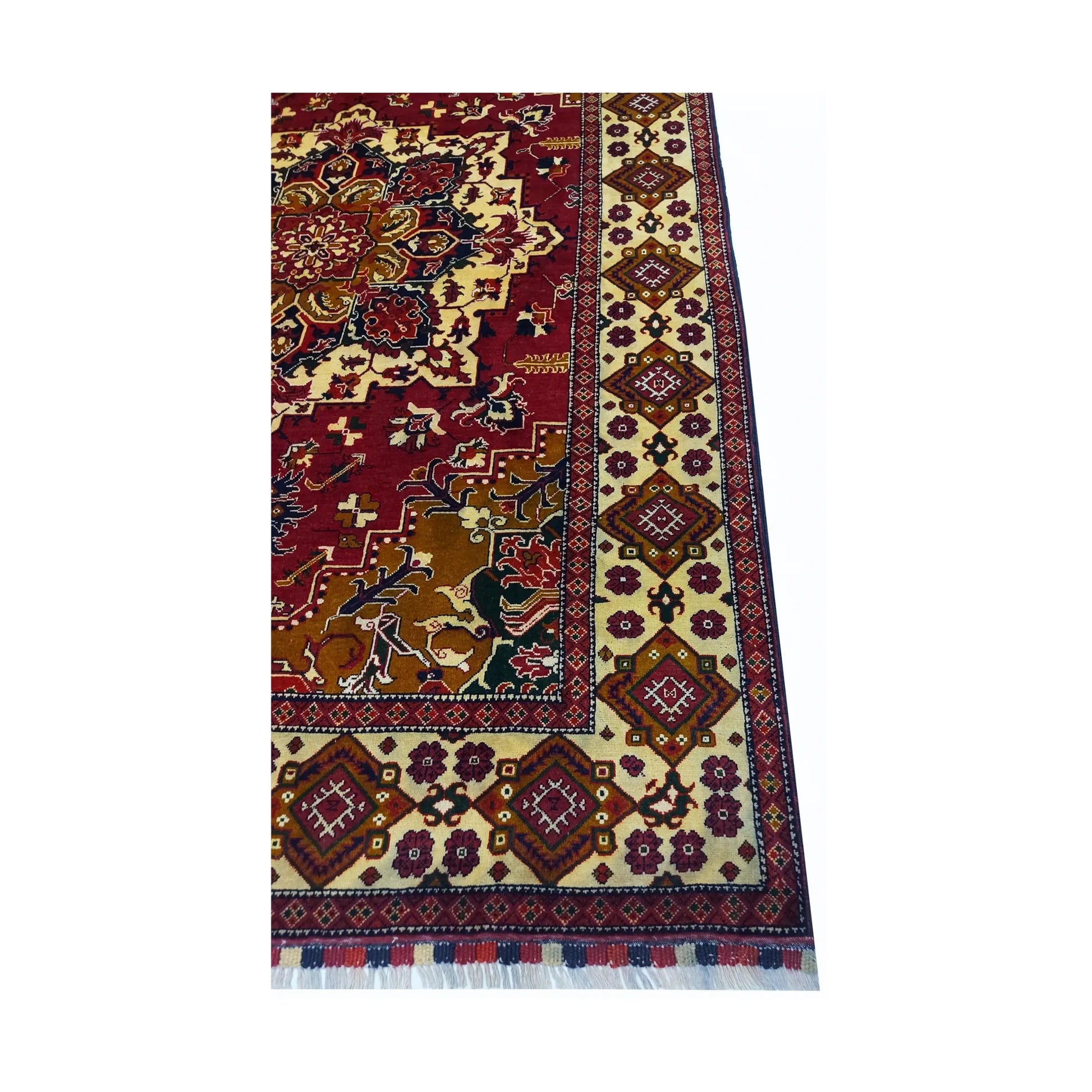 Border and fringe detail of Afghan Karghai wool rug with red field and patterned frame, 281 x 200 cm