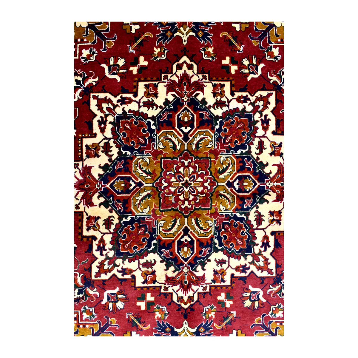Close-up of the stepped central medallion on the Afghan Karghai rug with red, ivory, ochre and dark-blue detail